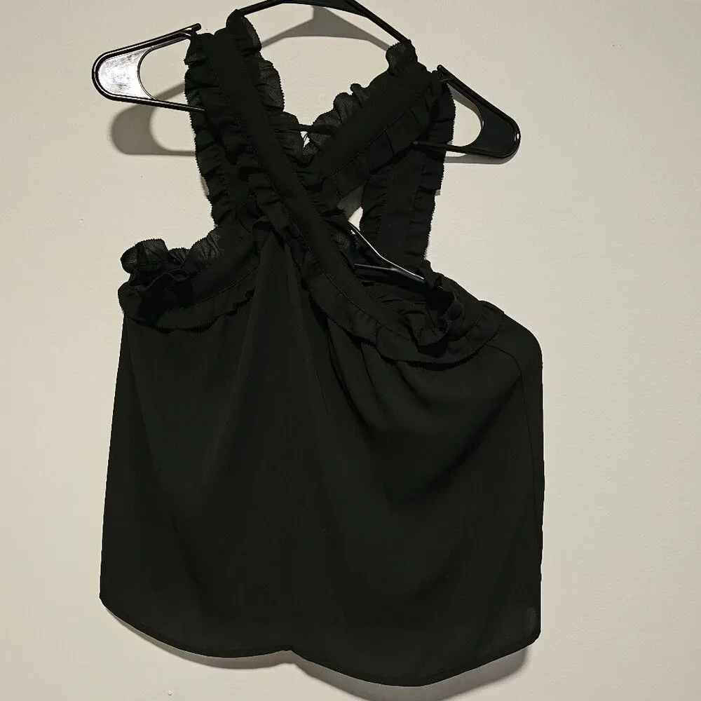 Women’s J. Crew Ruffled Cross Strap Black Blouse/Tank, Size 2